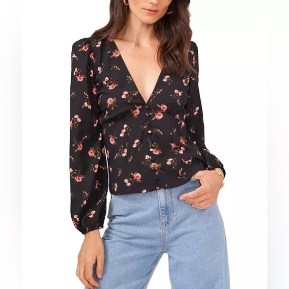 1. State Tops - 1.State Womens Black Blooms Floral Print Long Sleeve Pintuck Peasant Blouse Sz 6